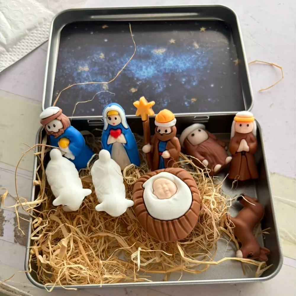 Metal Tin Box Mini Christmas Trough Set Holy Family Christmas Figurines Bedside Table