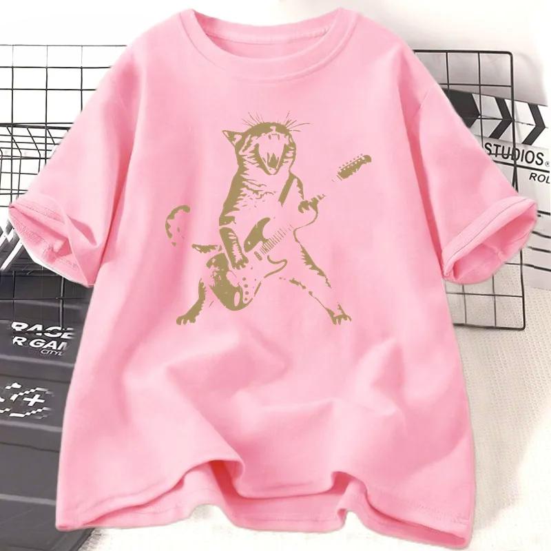 Rock Katze spielt Gitarre T-Shirt Damen Herren Lustiges Gitarren Katze T-Shirt Lässig Kurzarm O-Ausschnitt T-Shirts Unisex Streetwear