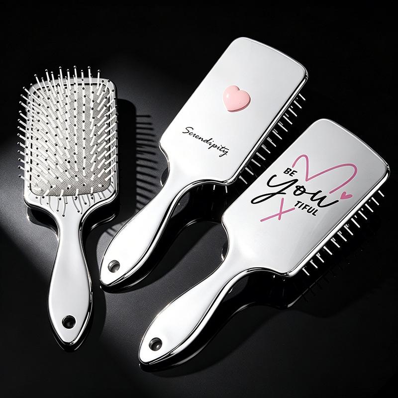 Electroplated Silver Massage Comb with Folding Mirror and Anti-Static Air Cushion – Student Girl Ins Style