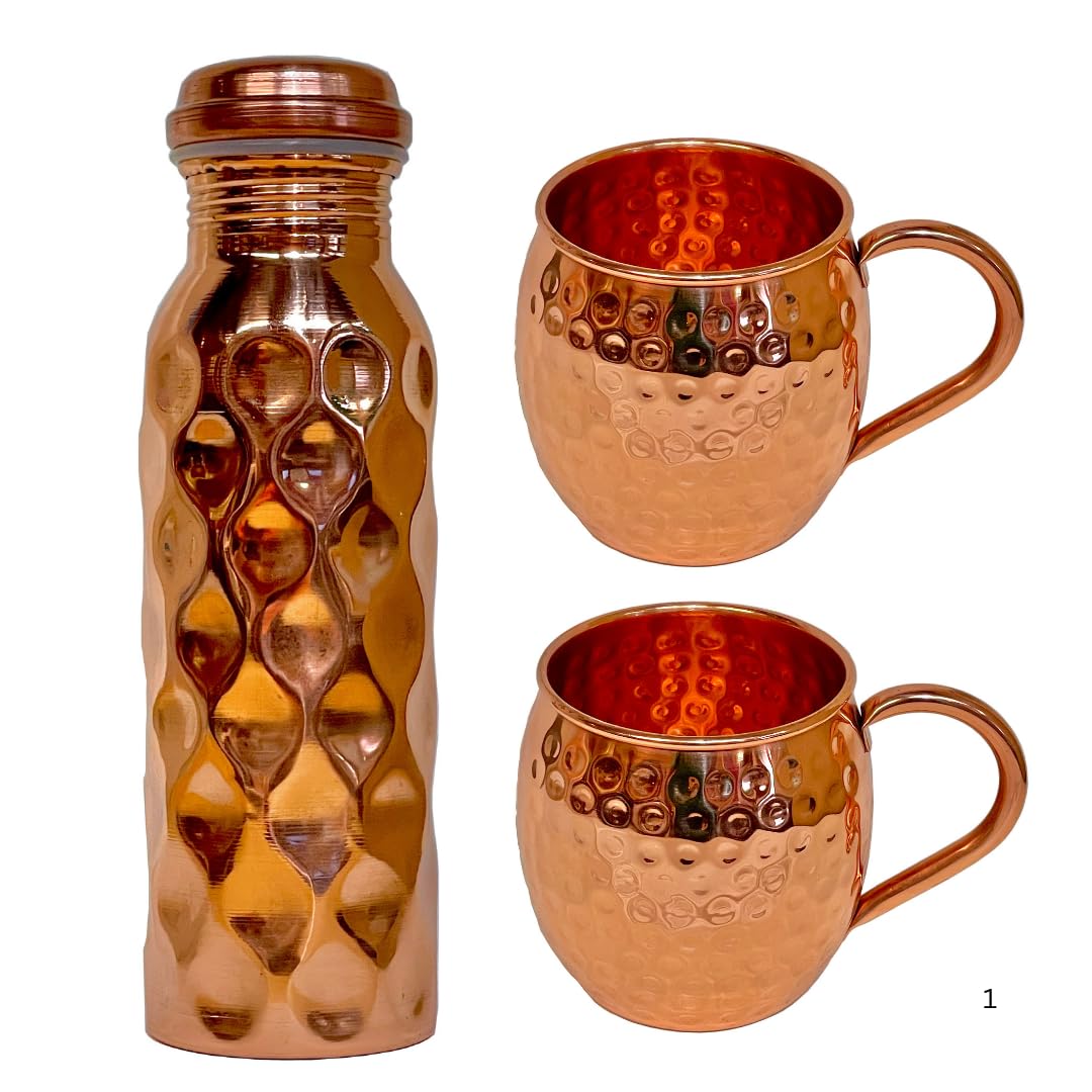 

Набор медных бутылок для воды и кружек Mam Rasoi (1 бутылка, 2 кружки, 100% чистая медь внутри и снаружи), Аюрведический, Полезный, Ионизированная вода, 500 мл,