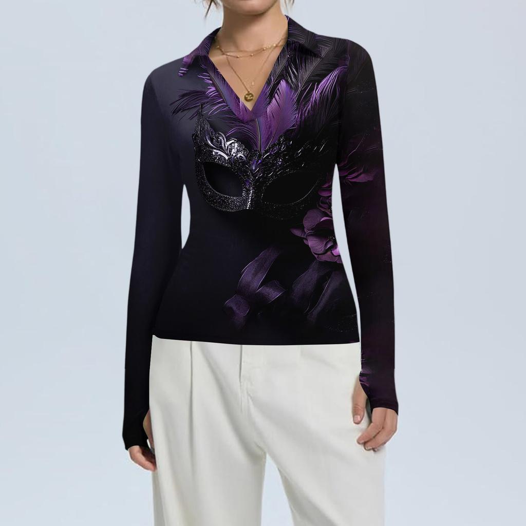 Women's Fashion Casual Print V-Neck Long Sleeve Button-Down Top