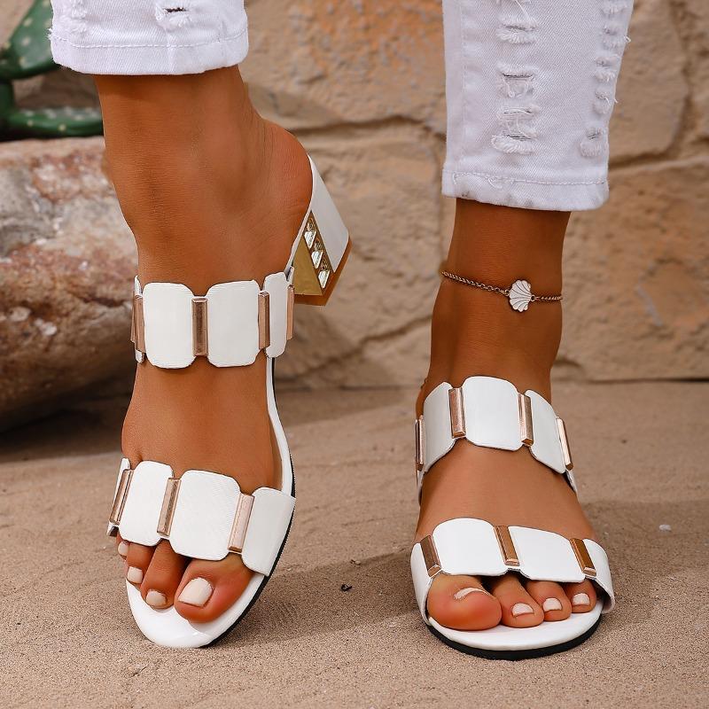 White High Heels Sandals for Women Square Toe Metel Decor Summer Outdoor Slippers Woman Thin Heeled Party Wedding Shoes