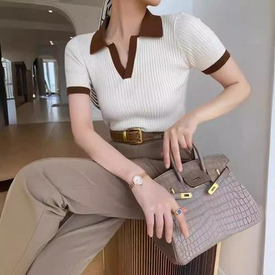 Maglione Lavorato a Maglia a Colori Contrasto con Colletto Polo alla Francese per Temperamento Estivo da Donna Vestibilità Slim a Maniche Corte Sottile e di Nicchia T-shirt Top