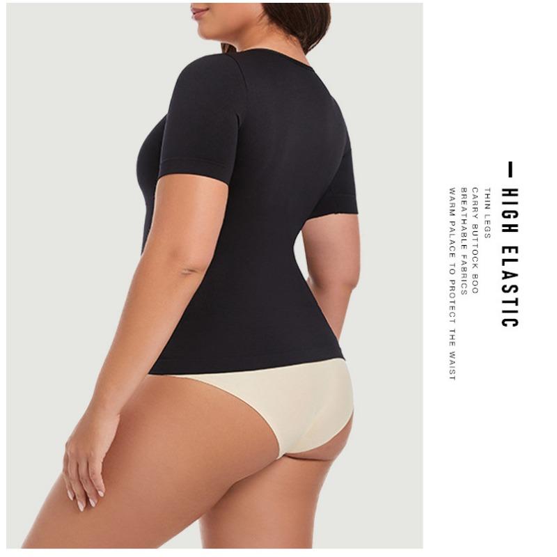 Women Plus Size Short Sleeve Seamless Tummy Control Body Shaper Shapewear Top