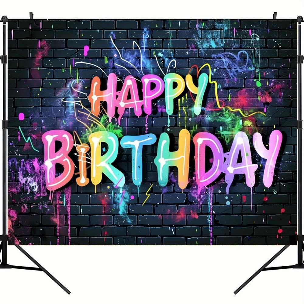 Sfondo di Buon Compleanno Design di muro di mattoni con graffiti al neon vibranti sfondo fotografico hip hop colorato decorazioni per feste