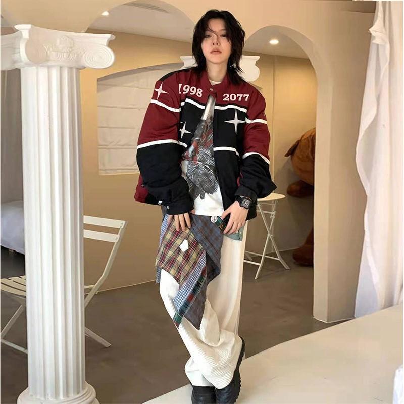 Vintage Motorcycle Baseball Jacket Women Loose Fit Geometric Print Cotton Blend Streetwear Chic Outerwear