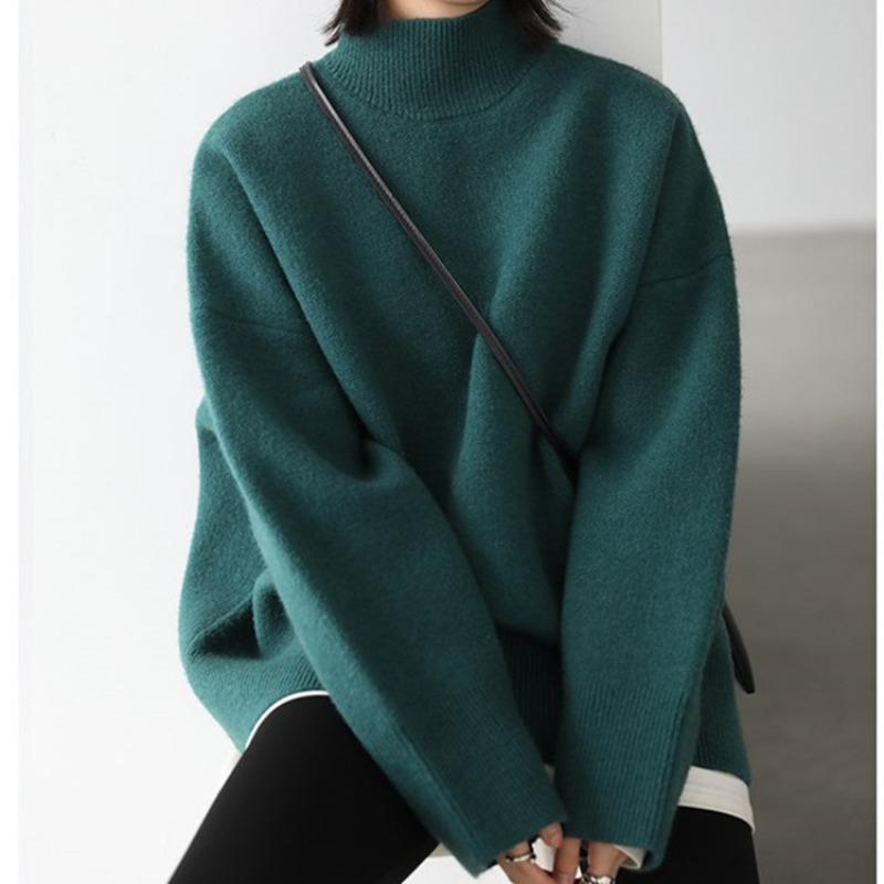 Semi-turtleneck Sweater Women's Autumn and Winter High-end Sense Lazy Wind Loose Medium and Long Bottoming Knitted Sweater Thickened Inside