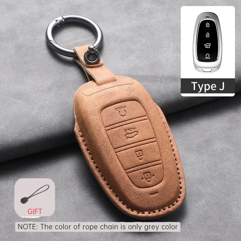 Leather Car Key Case Cover Holder Keychain Shell for Hyundai Tucson 2025 Solaris Sonata Hybrid NEXO NX4 SantaFe DN8 2020