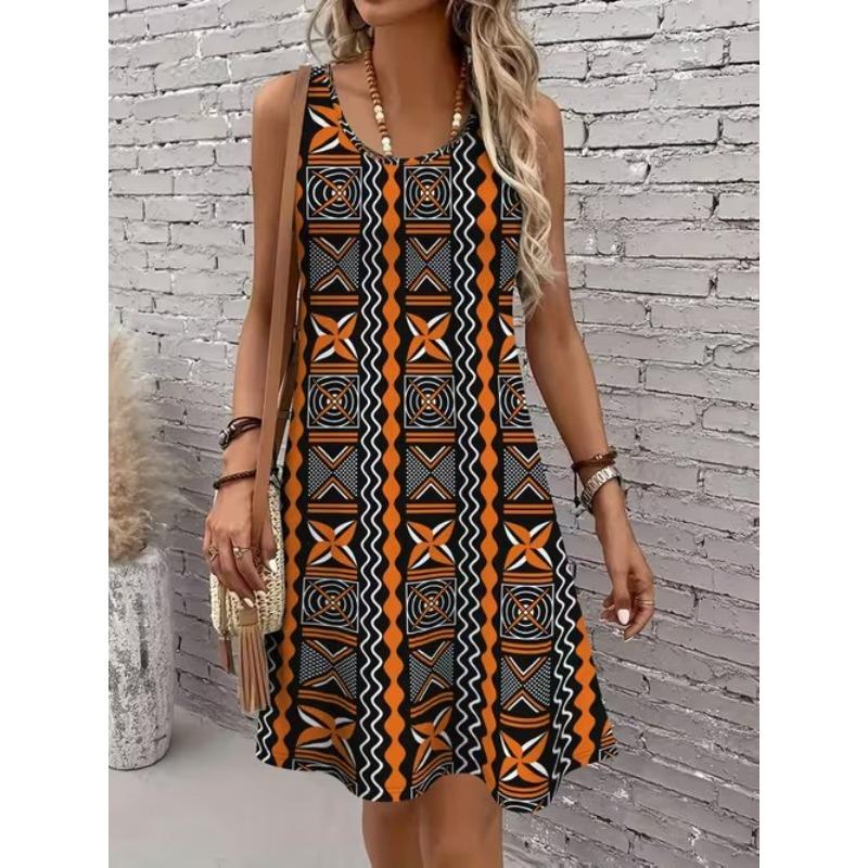 Damen Vintage Muster Gedrucktes Ärmelloses Rundhalskleid Locker Weich und Bequem Übergrößenkleid 5XL braun