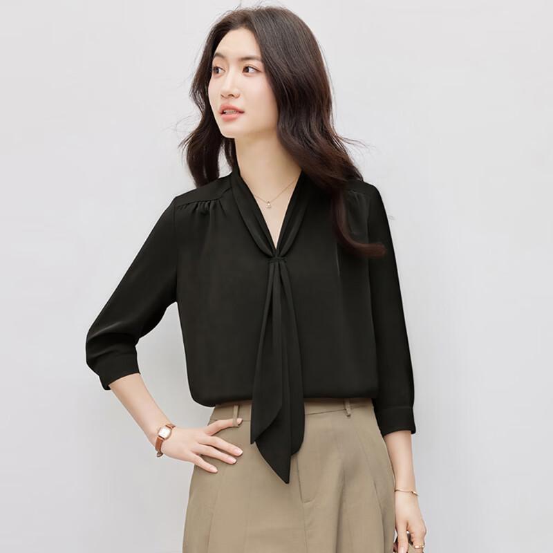 Women s French V-neck Tie-Neck Long Sleeve Blouse S