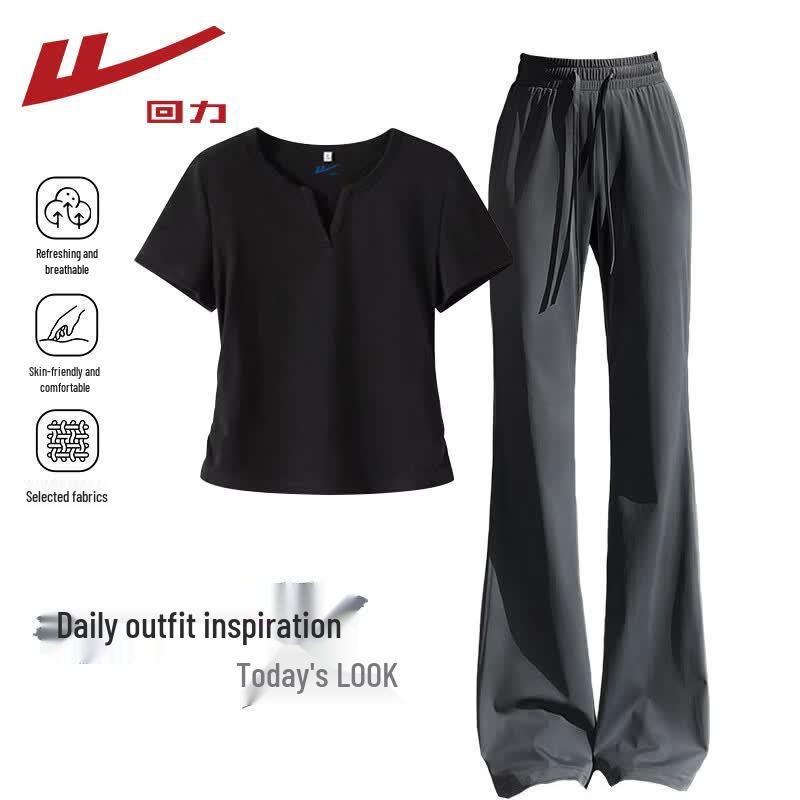 

Warrior Women s 2026 Summer V-Neck Short T-Shirt & Ice Silk Flare Pants Set S