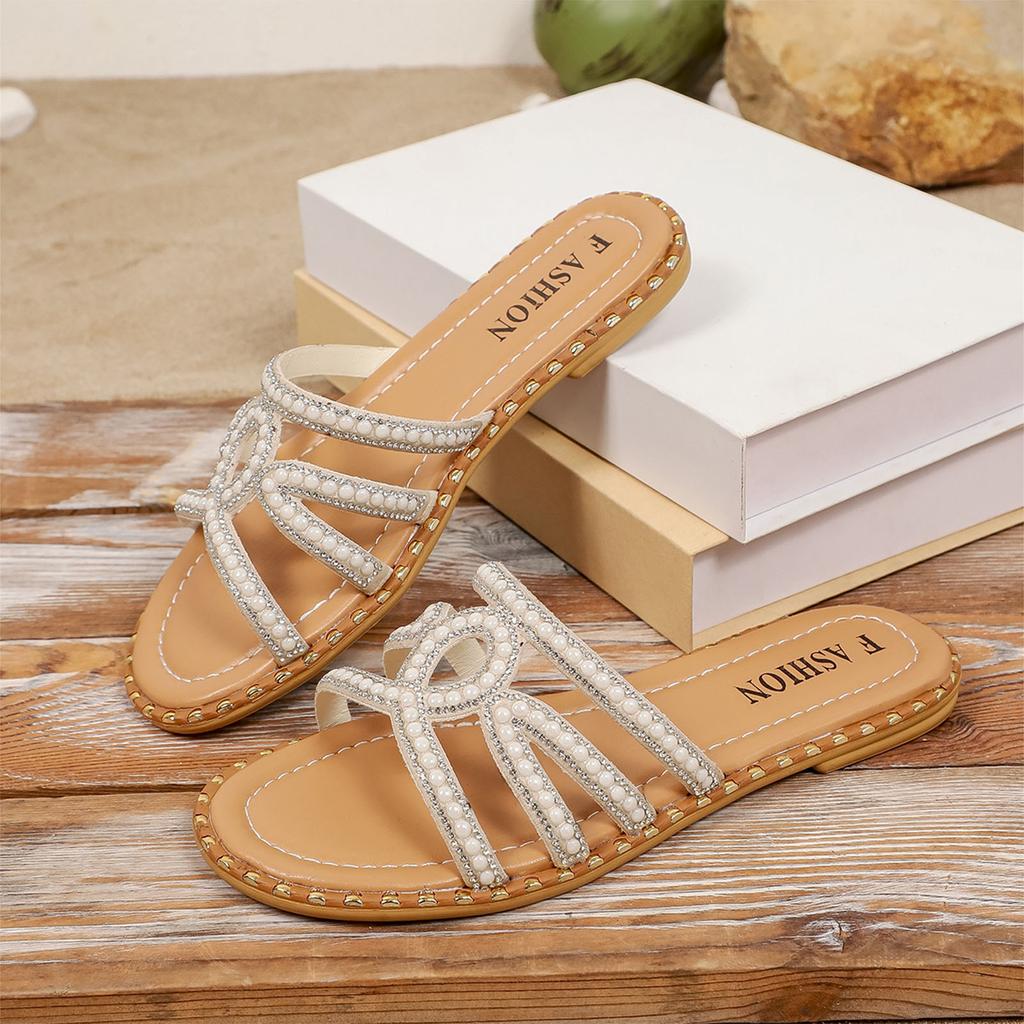 Womens Flat Sandals Slippers Comfortable Flip Flops Slide Sandal Summer Beach Shoes With Rhinestones Decoration Women Sandalias