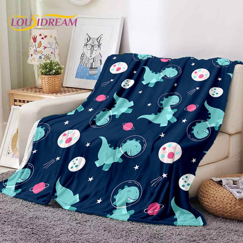 3D Uroczy Dino Kreskówkowy Dinozaur Kosmos Dzieci Miękki Flanelowy Koc na Łóżko Sypialnię Sofę Piknik, Koc do Rzucania na Zewnątrz Rekreacja