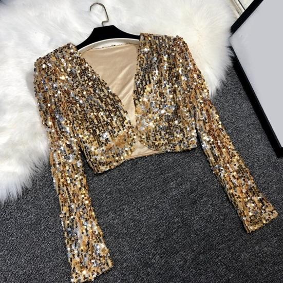 Women's Sequin Shrug Open Front Long Sleeve Cropped Bolero Jackets Sparkly Party Club Going Out Cardigan