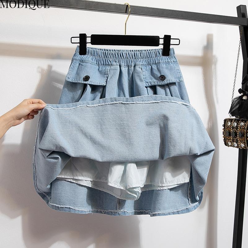 MODIQUE 2025 Nou Mărimi Mari Vară Femei Bumbac Elastic Spălare Pantaloni Treisfert Albastru Denim Fustă Plisată Dama Pantaloni Scurți Basic Casual Largi