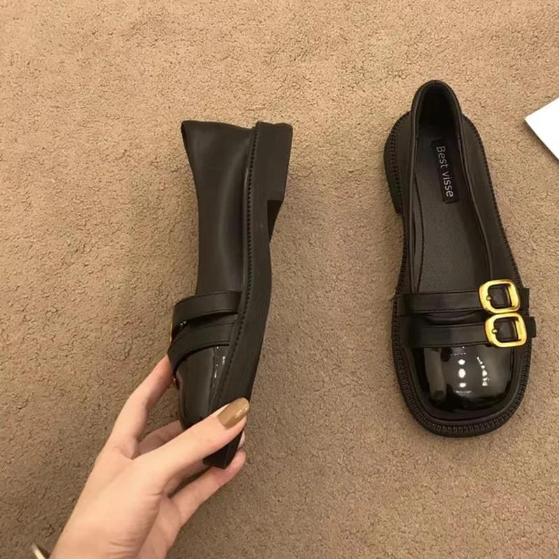 Fashion Vintage Double Buckle Low Heel Loafers for Women 2025 Spring Patchwork Pu Leather Flats Women