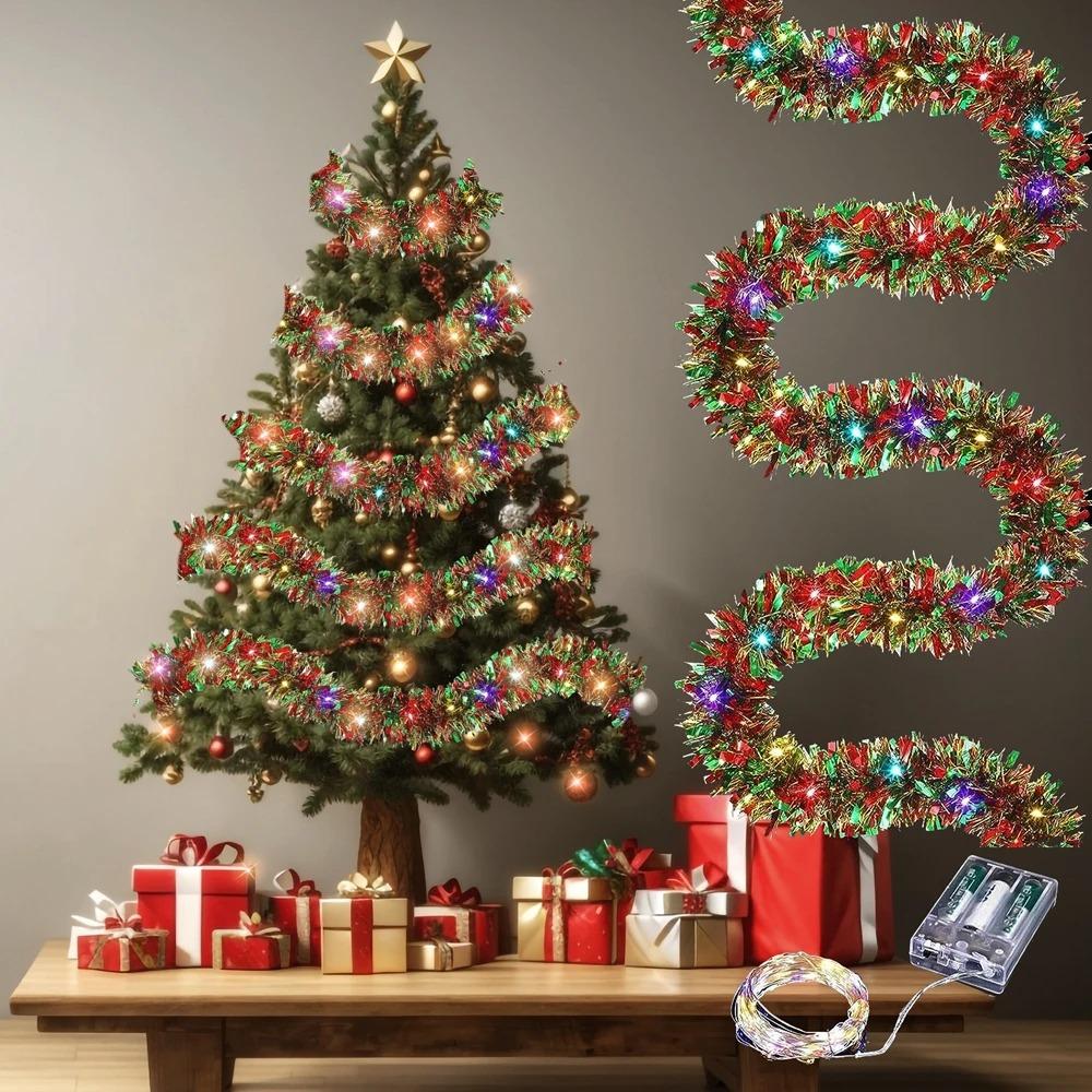 1pc 16 Ft Christmas Tinsel Garland Metallic Shinny with LED Lights Tree Thick Hanging Decorations for Xmas Party Indoor