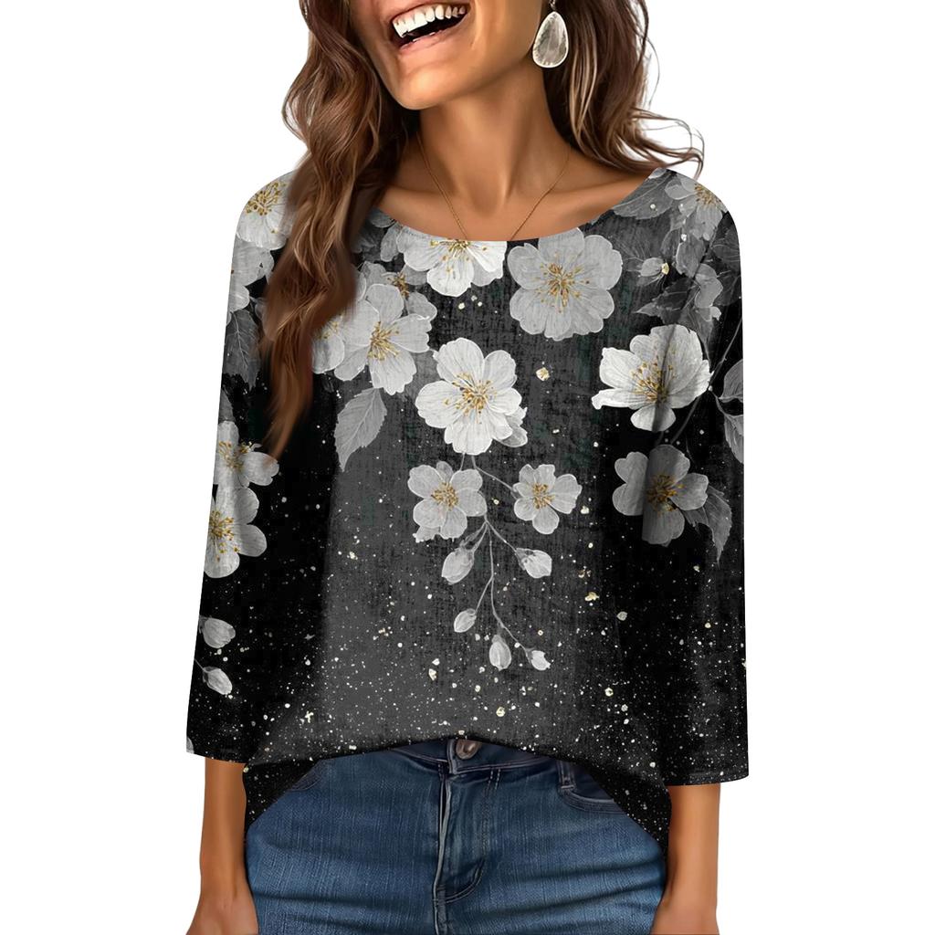 Damtopp med rund hals och 3/4-ärmar, trendig och avslappnad tryck