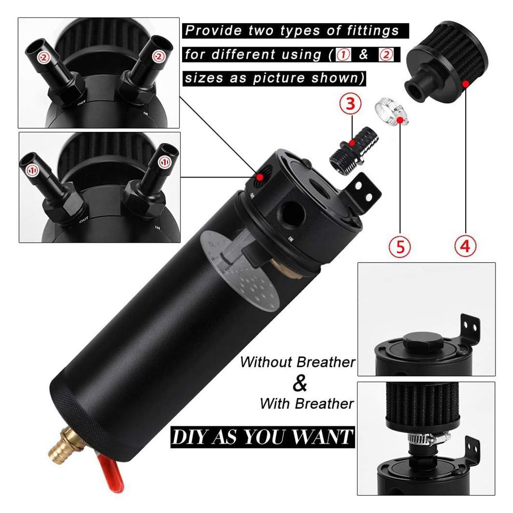 Universal Oil Catch Can with Breather Filter Drain Valve Plug 2-port Billet Aluminum Baffled Oil Separator Reservoir Tank