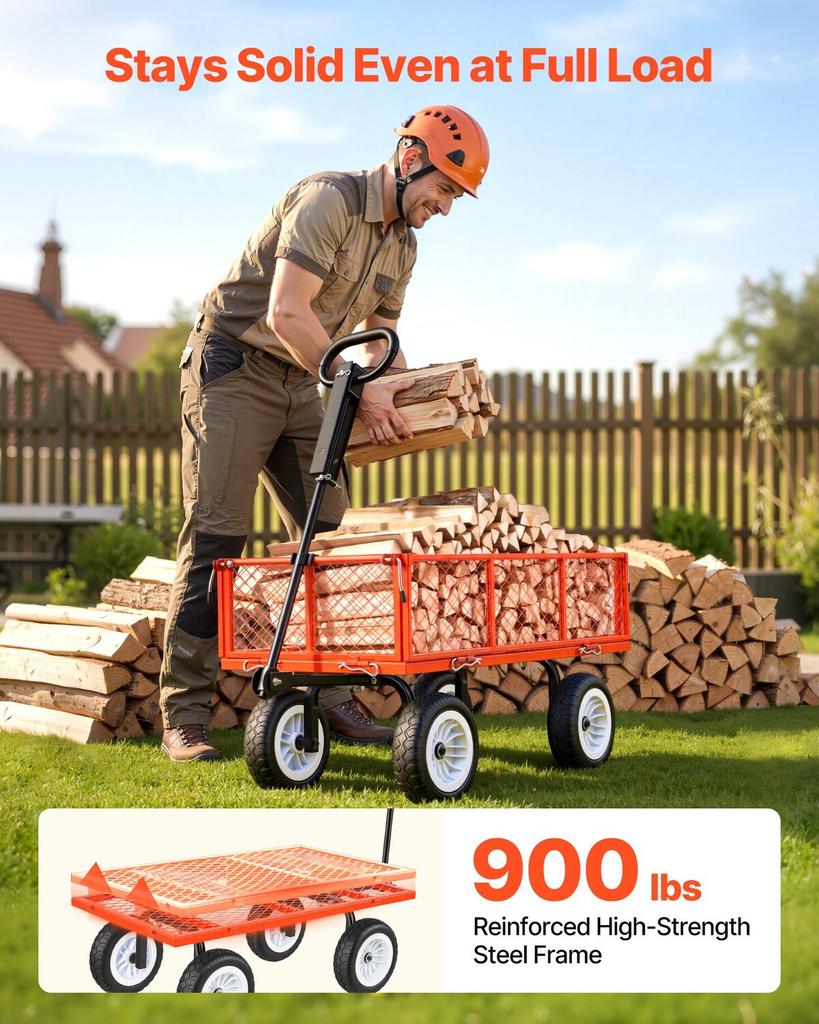 Carro de Jardín, 408,2 kg, Carro Utilitario de Acero de Alta Resistencia para Patio y Jardín con Ruedas de 10 Pulgadas, Taburete de Jardinería para Exteriores con Asa Ajustable, Desmontable