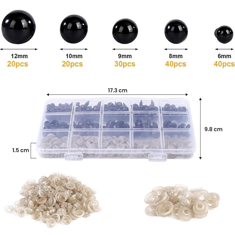 Black Safety Eyes Set (6-12mm) with Washers for Dolls & Toys
