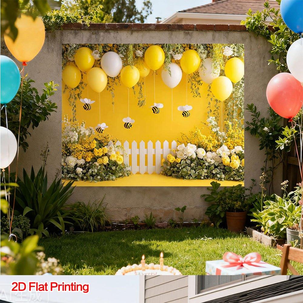 One 2D Printed Yellow Bee Garden Scene Background Fabric, Made of Polyester Fiber, for Home Use.
