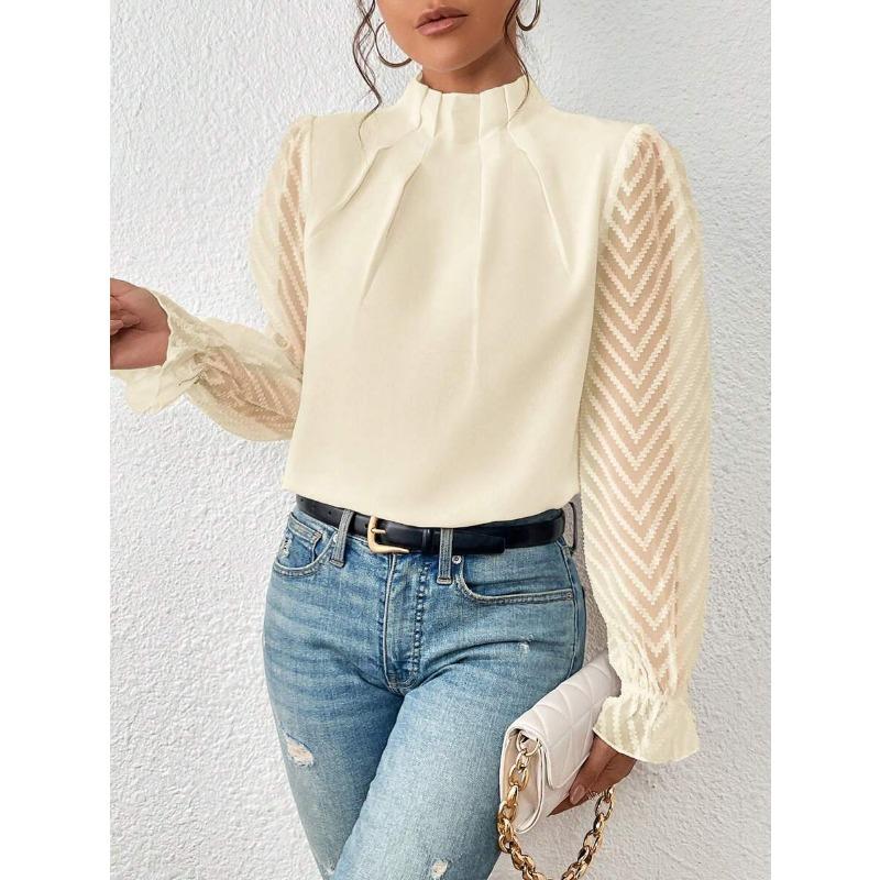 Half High Collar Long Sleeve Wavy Splicing Blouse Elegant Women Spirng Autumn Shirt Ladies Solid Color Loose Tops Sweet Simple Office Pleated Clothing