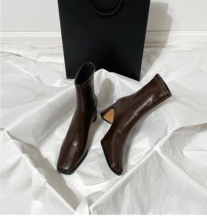 Brown short boots thick heel new versatile French high heel elastic boots velvet rear zipper square head thin boots