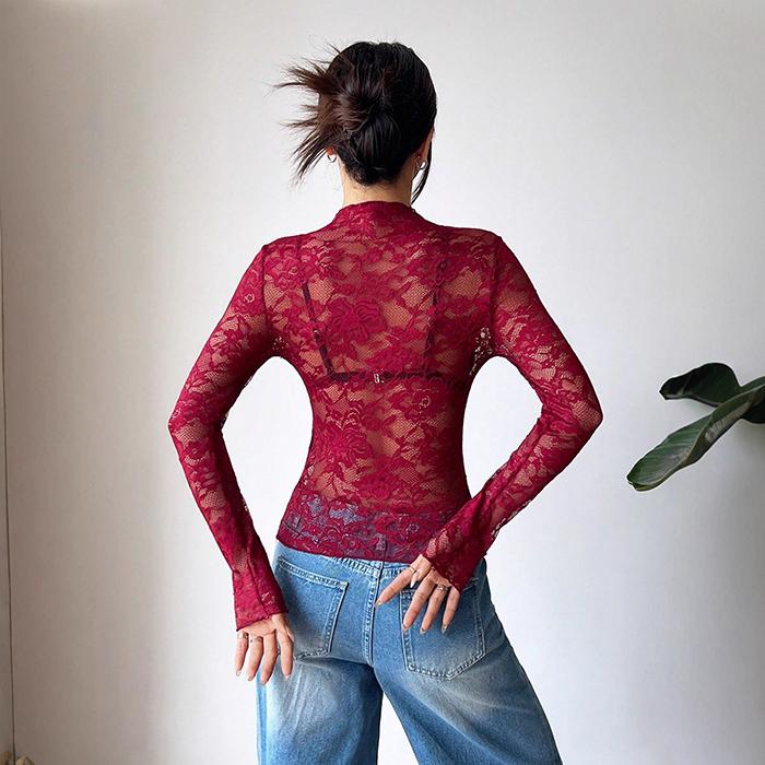 Ladies Spring Autumn Long Sleeve Stand Collar Sexy Mesh Semitransparent Bodycon Pullover Casual T Shirt Top