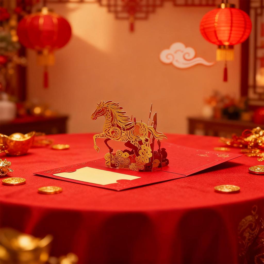 Elegant Popup Horse Greeting Card For 2026 Chinese New Year Elegant Gold Foils Card For Festive Celebration