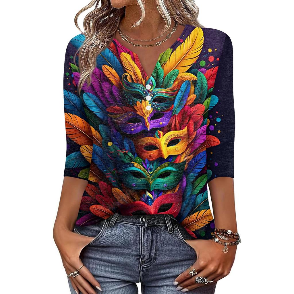 Dámské tričko s potiskem, knoflíky, 3/4 rukávy, pro každý den, na víkend, módní, základní, s výstřihem do V, běžný top