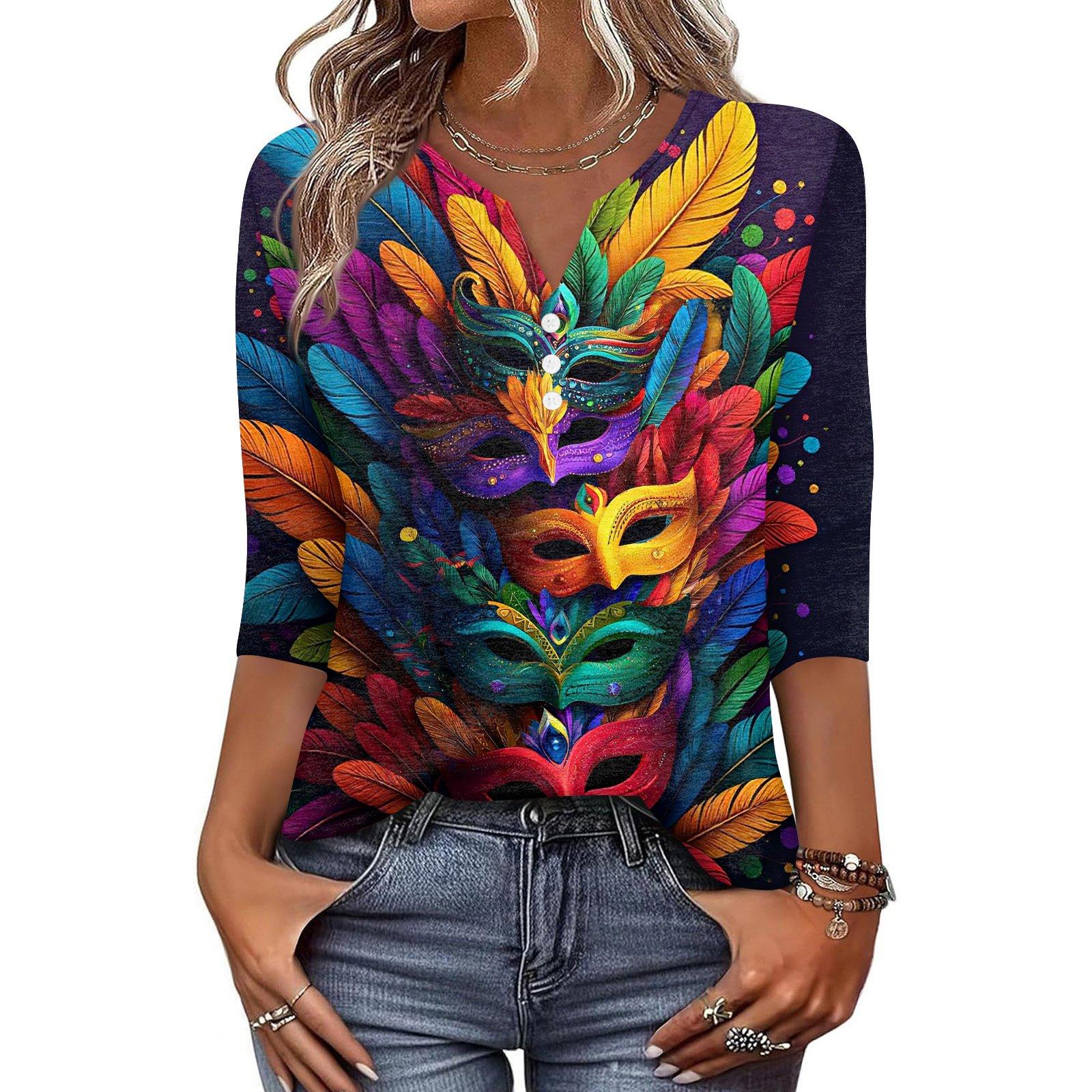 

Жен. Футболка С принтом Пуговицы Рукав 3/4 Повседневные Выходные Мода Классический Классический V-образный вырез Обычный Верх XL жёлтый