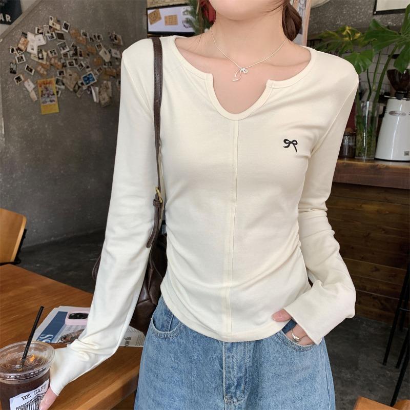 Spring collar irregular fishbone line top women's bow embroidered long-sleeved shirt sweet pure bottoming shirt