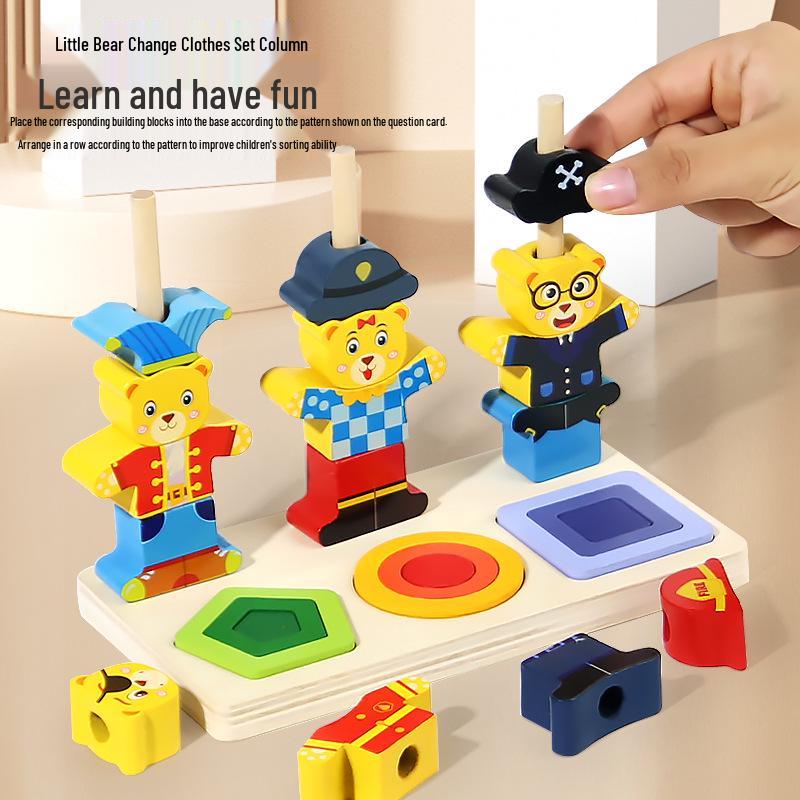 Montessori Toddler Wooden Bear Stacking Rings for Shape Recognition and Concentration Training