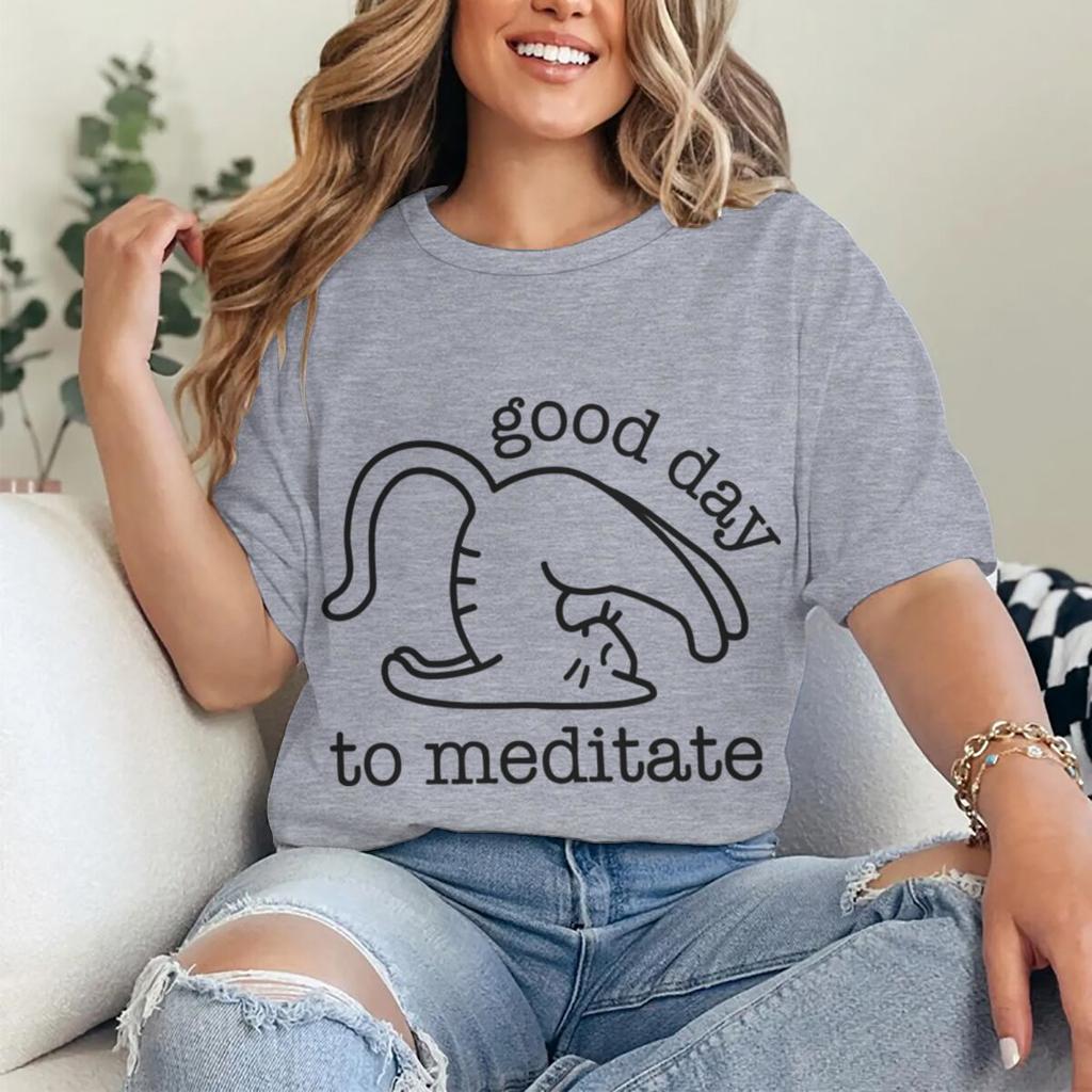 Cute Cat Yoga T Shirts Good Day To Meditate Retro Graphic Tees Women Unisex Short Sleeve Mom Dad Fun Casual Round Neck Tshirts