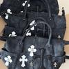 2025 Little Red Book Chrome Hearts Black & White Patchwork Travel Bag with Roman Metal Cross Shoulder Strap