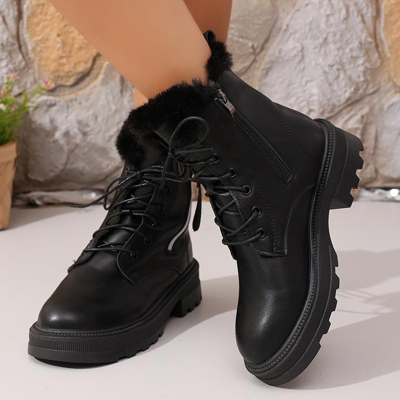Fashion Women's Autumn Winter Ankle Boots Thick Sole Warm Plush Cotton Shoes Woman Fashion Black White Pu Leather Platform Botas Mujer
