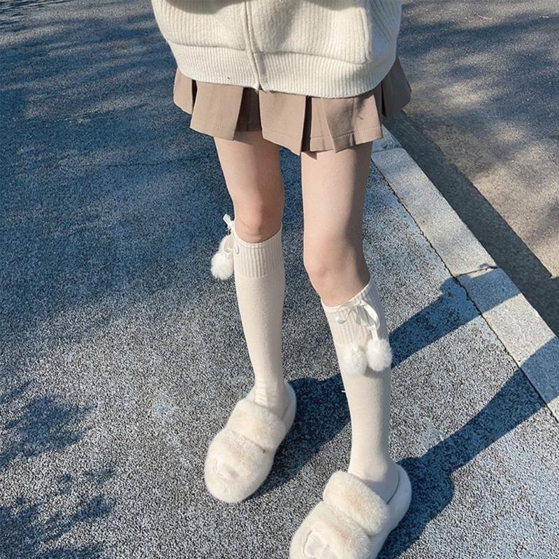 Damen kniehohe Socken Strümpfe Lolitas Schleife Schnürung Wadenstrümpfe Bommel Oberschenkelhohe Strümpfe Süß Niedlich Überknie-Socken