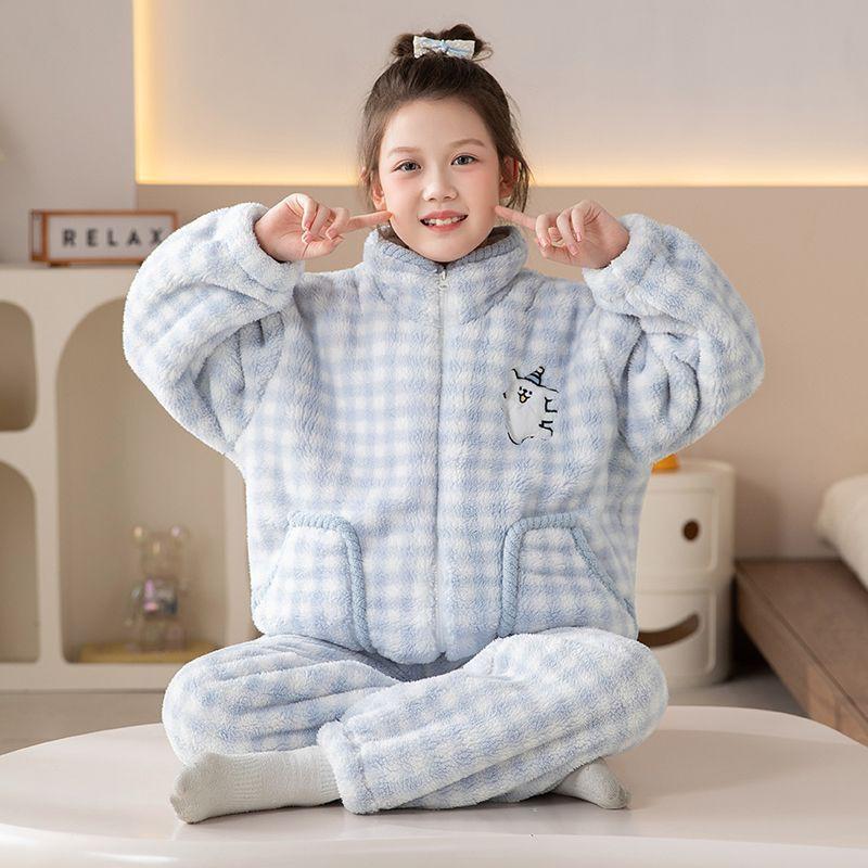 Girls Cartoon Fleece Pajama Set Warm Long Sleeve Open Front Sleepwear Winter Home Use