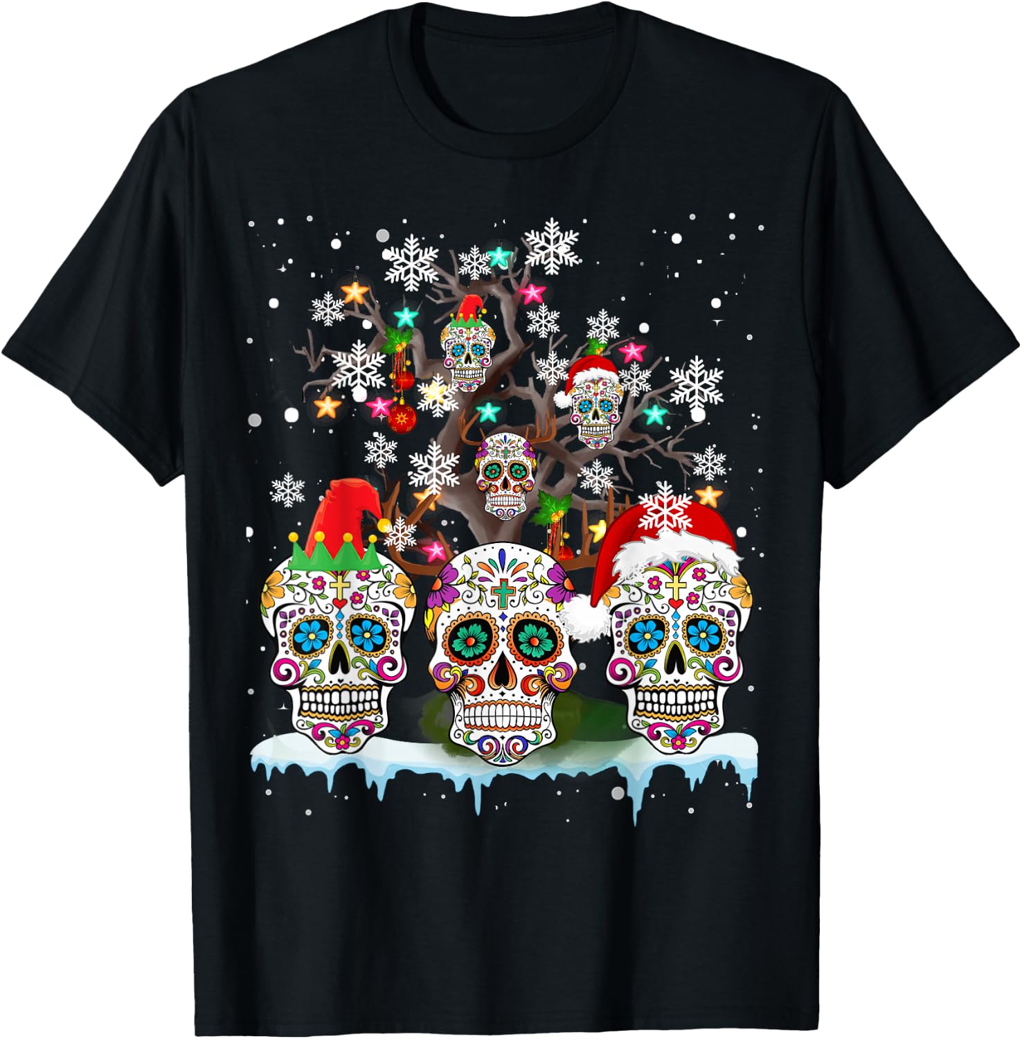Christmas Sugar Skull On Tree Funny Santa Sugar Skull Gifts T-Shirt S