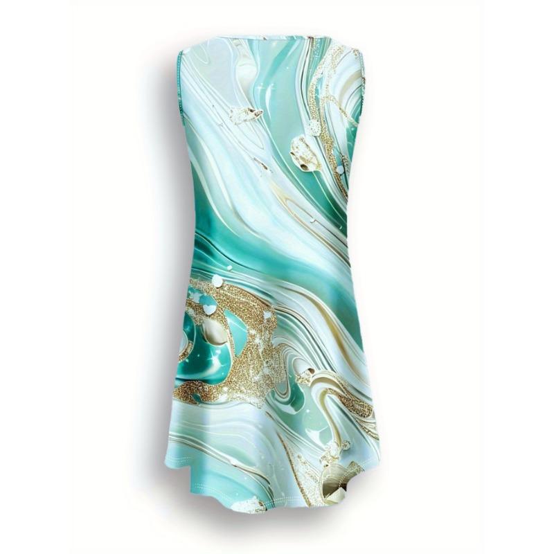 Sleeveless Round-Neck Dress Blue White Adorned with Golden Textured Patterns Women Dresses Luxurious Elegant Style
