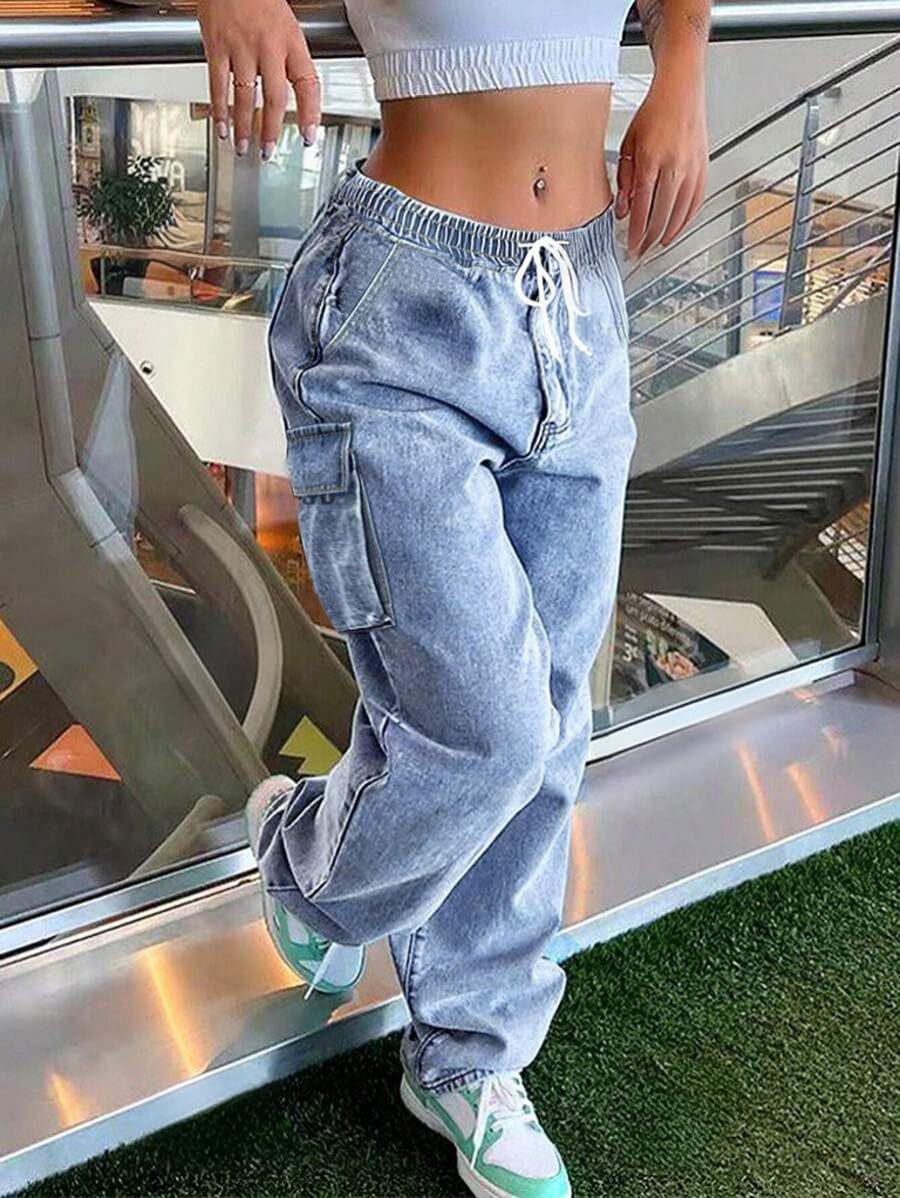 

2026 Women s Elastic Waist Denim Wide-Leg Pants with Drawstring & Large Pockets Small