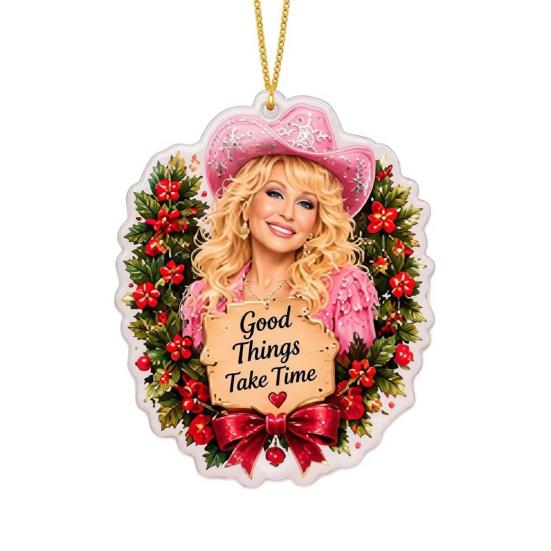 Unique Festival Gift Ideas Dolly Christmas Ornament, 2D Acrylic Collectible Hanging Decor, Memorial Country Pink Western Style Decorations Music Theme