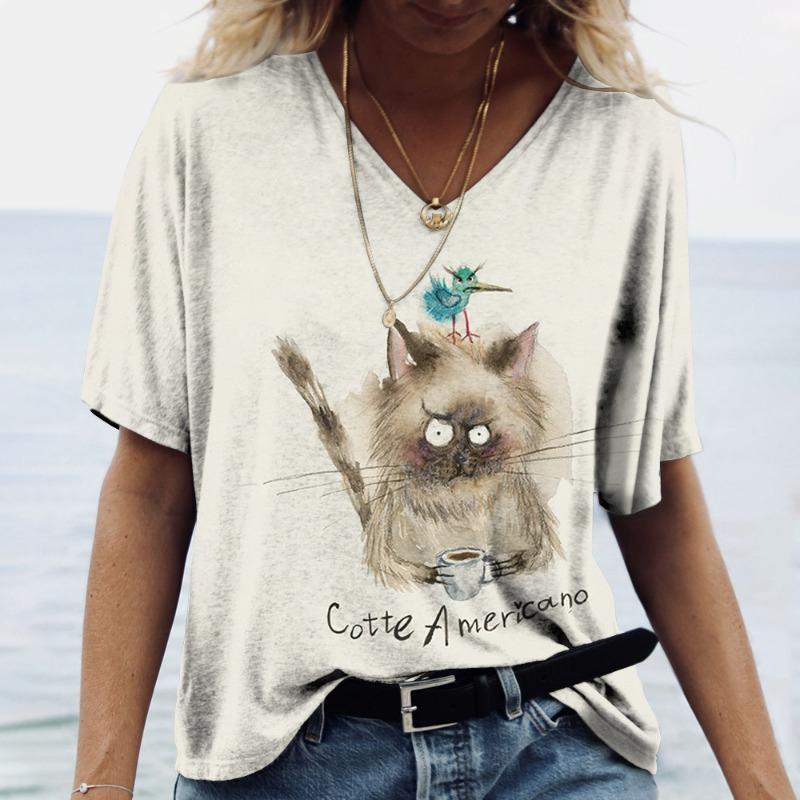 

Летние фиолетовые футболки с коротким рукавом и V-образным вырезом для женщин из серии «Киттен» для женщин 5XL