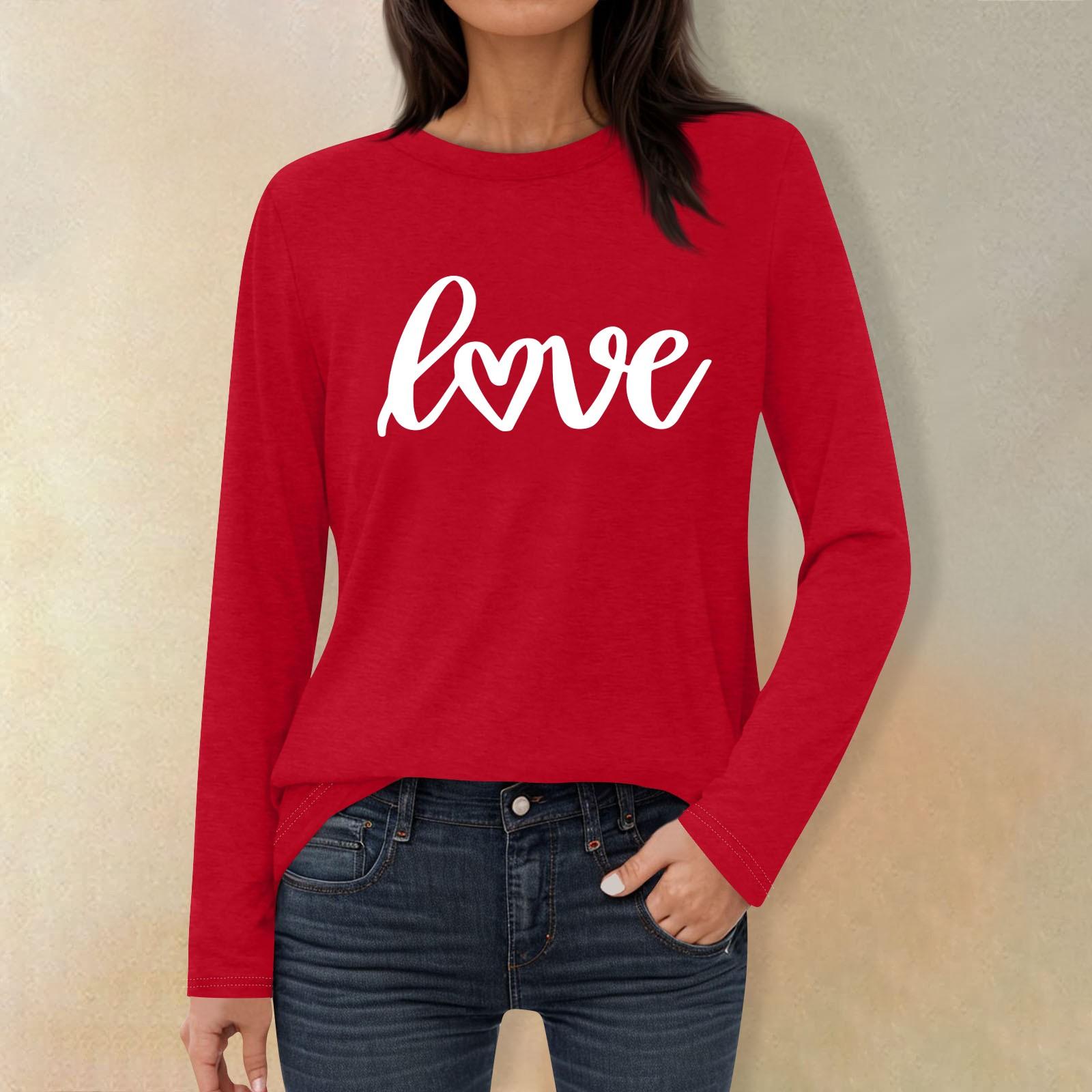 

Жіноча мода повсякденна футболка з круглим вирізом та довгим рукавом з принтом кохання до Дня святого Валентина L винний