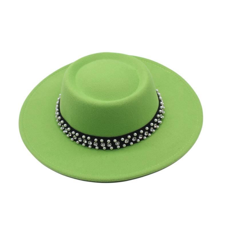 European and American New Autumn and Winter Wool Woolen Big-brimmed Jazz Hat Female Concave Top Black Top Hat Pearl Rhinestone Felt Hat