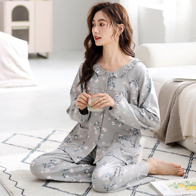 Pajamas Women'S Autumn Pure Cotton Long-Sleeved Crew Neck Cardigan Loungewear Medium Cotton Spring And Autumn Can Be Worn Outside Loungewear