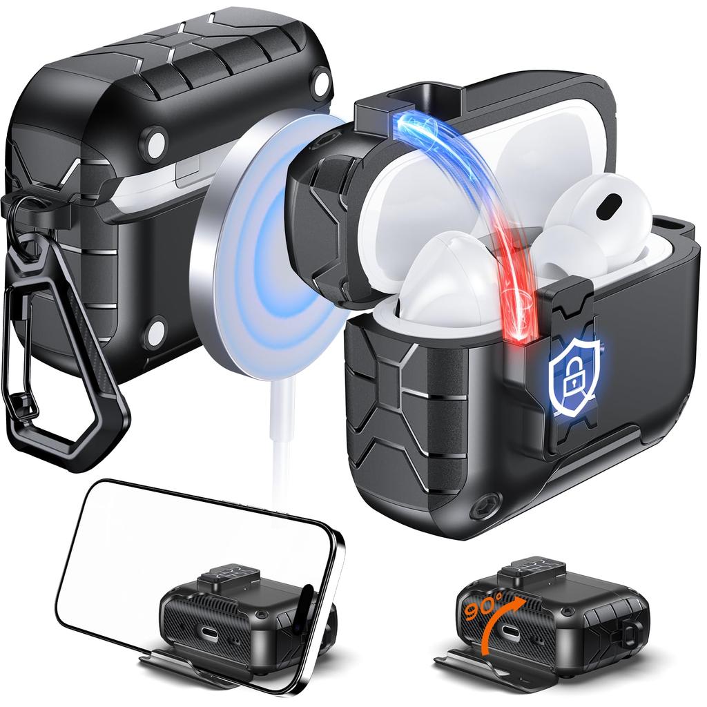 Transparente Hülle für AirPods Pro 3 Hülle mit Handyhalterung und Sicherheitsverschluss Automatisches Aufklappdeckeldesign mit Reinigungsstiftabdeckung für AirPods Pro 3