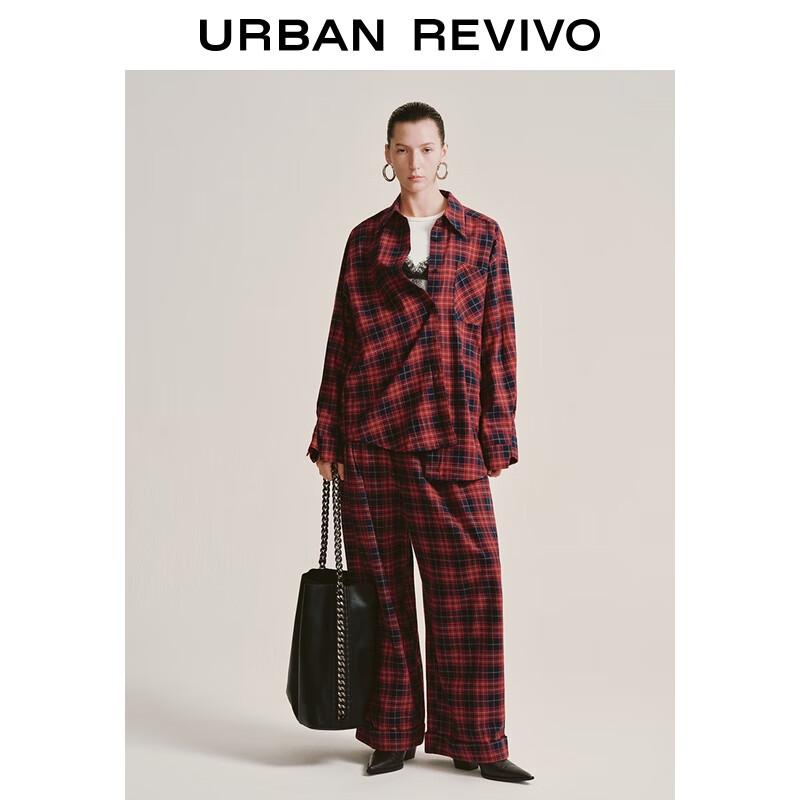UR2025 Women s Color Block Plaid Elastic Waist Wide-Leg Pants S