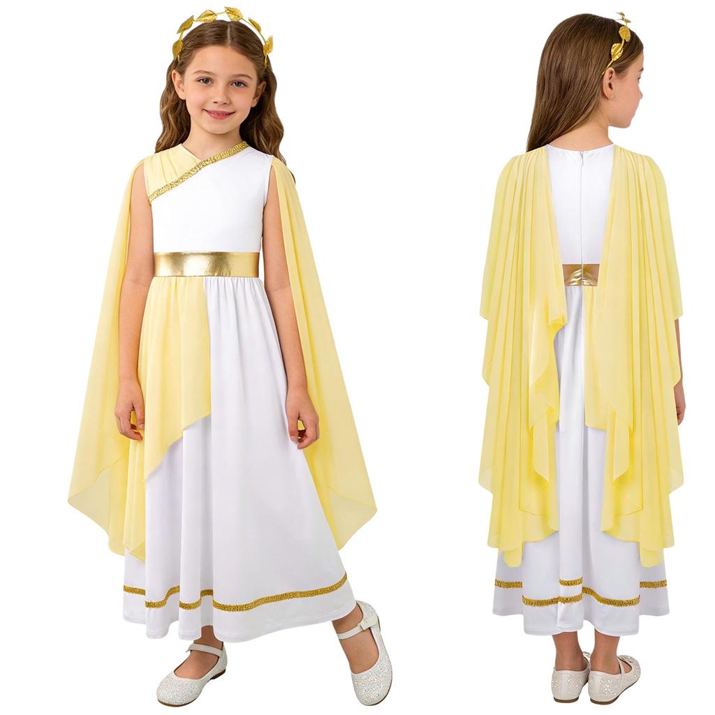 Girls Halloween Carnival Ancient Greek Roman Athena Goddesses Princess Queen Costume Greece Beauty Toga Worship Choir Dress Robe